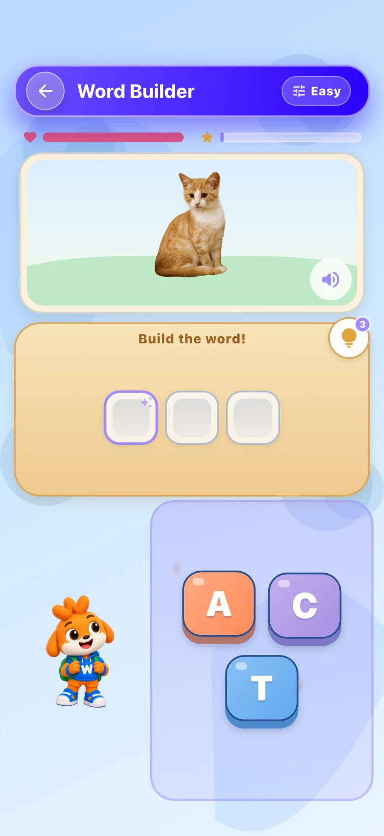 Word Builder with picture clues and letter tiles